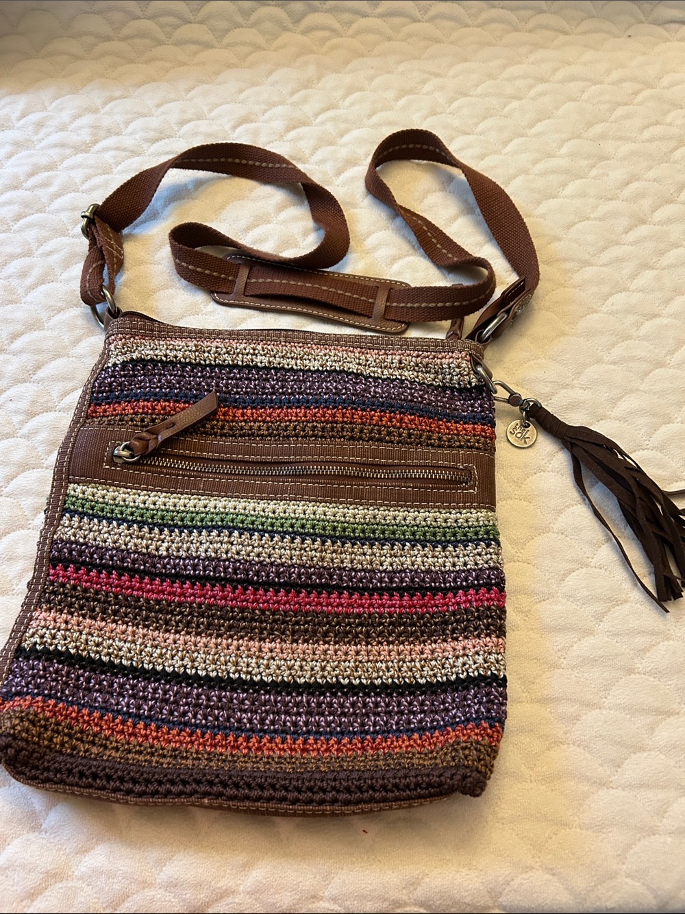 The Sak Brown Trim Multicolor Striped Crochet Lucia Crossbody